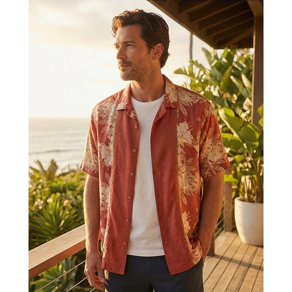 Tommy Bahama L Silk Camp Shirt Button Down Short Sleeve Mens Hawaii Large